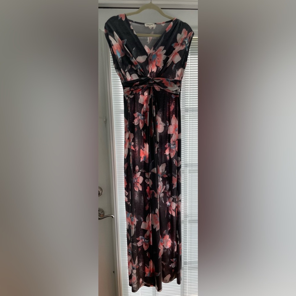 Pink Blush charcoal grey floral sleeveless knot front maternity maxi dress